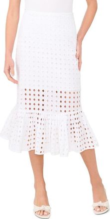 CeCe by Cynthia Steffe Eyelet Ruffle Hem Cotton Midi Skirt in Ultra White at Nordstrom, Size 12