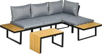 OUTSUNNY 3PCs Patio Furniture Set w/ Cushions, Wood Grain Plastic Top Table