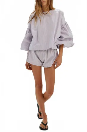 Suzie Kondi Balon Puff Sleeves Top In Chambray & Poppy Stripe