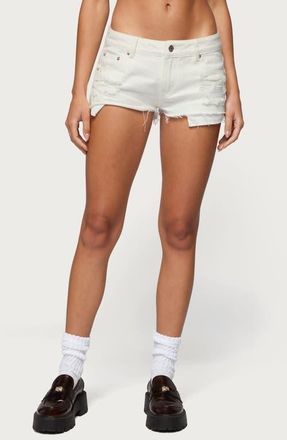 Edikted Devin Low Rise Micro Denim Cutoff Shorts in White at Nordstrom, Size X-Large