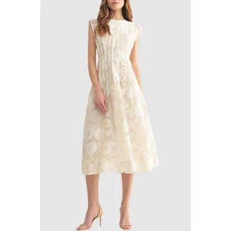 Mila Mae Floral Cap Sleeve Cinched Waist Fit & Flare Midi Dress in Cream at Nordstrom Rack, Size X-Small