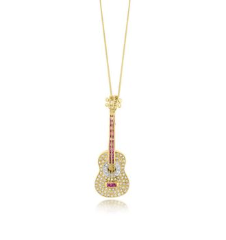 The Diamond Store 18K Gold Pave Diamond and Ruby Guitar Brooch - Pendant