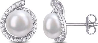 Mimi & Max 8-8.5mm Cultured Freshwater Pearl and Diamond Accent Halo Stud Earrings in Sterling Silver