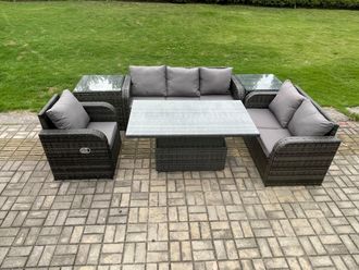 Fimous Outdoor Rattan Furniture Garden Dining Set Patio Height Adjustable Rising lifting Table Reclining Chair Sofa With 2 Side Tables in Dark Grey