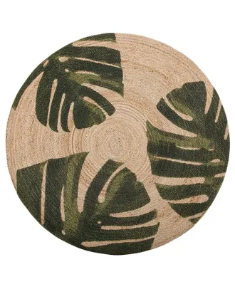 Beliani Tappeto Tondo In Iuta &Oslash; 140 Cm Beige/verde Motivo Foglie Incik