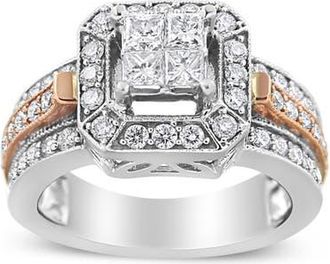House of Brilliance 14K White and Rose Gold 1 1/8 Cttw Diamond Art Deco Style Triple Shank Cocktail Ring at Nordstrom, Size 4.5