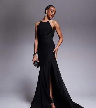 Asos Tall ASOS DESIGN Tall racer neck low cowl back maxi dress with high low frill hem in black