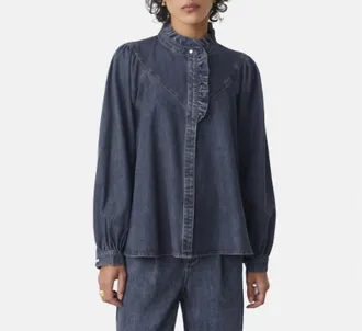 Suncoo Lively Ruffle Top In Dark Denim