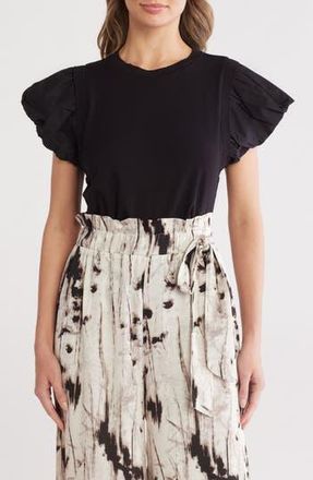 Patrizia Luca Ruched Puff Sleeve Mixed Media T-Shirt in Black at Nordstrom Rack, Size X-Small