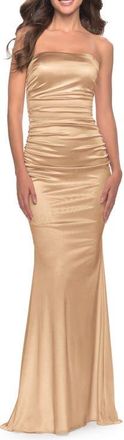 La Femme Strapless Stretch Satin Dress with Ruching in Bronze at Nordstrom, Size 14