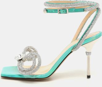 Mach & Mach Multicolor Iridescent Leather And Pvc Crystal Embellished Bow Ankle Wrap Sandals