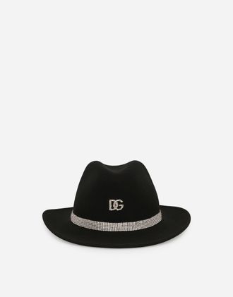 Dolce & Gabbana Fedora Hat With Rhinestone-detailed Band And Dg Logo - Woman Black Wool 58