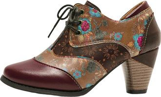 Generic Women Ankle Boots Womens Floral Bohemian Lace Up Round Toe Block Heel Ankle Boots