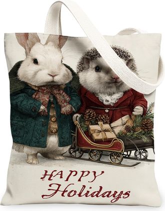 Generic Holiday Animal Canvas Tote Bags, Rabbit Hedgehog Design Reusable Grocery Bags, Winter Festive Lightweight Washable Shoulder, White, 13x15 Inch