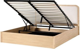 Beliani Letto matrimoniale contenitore con testiera boucl&eacute; struttura in MDF gambe in legno 160 x 200 cm marrone chiaro Perouges