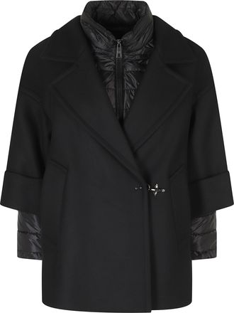 Fay Black Double-Breasted Removable Down Lining Wool-Blend Cape