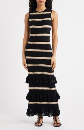 Rails Ana Stripe Cotton Blend Knit Midi Dress in Black Oat Stripe at Nordstrom, Size X-Large