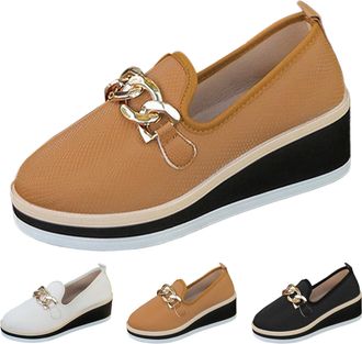 Generic Womens Suede Wedge Loafers Comfortable Slip On Platform Walking Shoes Cute Metal Chain Chunky Wedges Loafers for Women Non-Slip Round Toe Low Top Busi