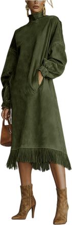 Generic Womens Turtleneck Faux Suede Mini Fringe Dress Vintage, Oversized Long-Sleeved Faux Suede Mid Dresses for Women Fall Winter Velvet Fringe Dress Dark G