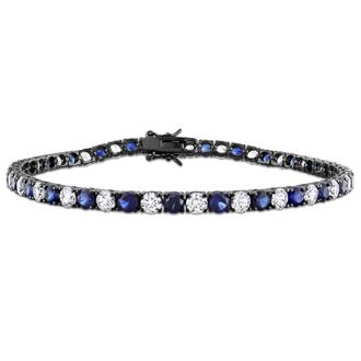 Amour 15 1/2 CT TGW Created White and Blue Sapphire Mens Tennis Bracelet in Black Rhodium Plated Sterling Silver