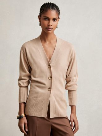 Reiss Neutral Wool-blend Fitted Cardigan With Cashmere, XS