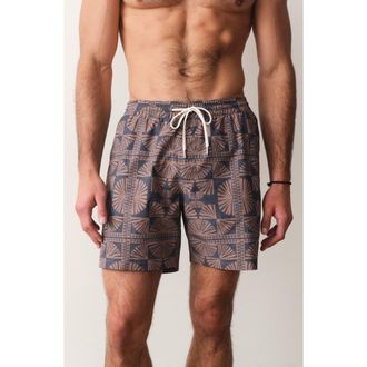 Marine Layer Geo Fan Print Lined Swim Trunks in Brown/navy Geo Fan Print at Nordstrom, Size X-Large