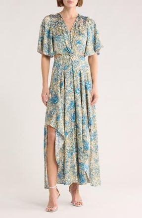 Maje Reniliche Cutout Maxi Dress in Imprime Abstrait Bleu at Nordstrom Rack, Size 10 Us / 42 Eu