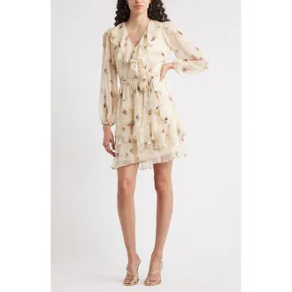 Chelsea28 Floral Ruffle Trim Long Sleeve Chiffon Minidress in Beige Floral at Nordstrom Rack, Size Xx-Small