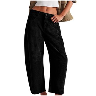 Generic Vintage Corduroy Trousers Women Button Elasticated Waist Cord Pants Winter Warm Casual Trousers with Pockets Ladies Comfy Loose Fit Straight Wide Leg 
