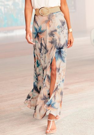 Buffalo Maxirock BUFFALO, Damen, Gr. 34, beige (sand bedruckt), Jersey, Obermaterial: 100% Viskose, bedruckt, figurumspielend lang, R&ouml;cke Maxirock, aus Viskos