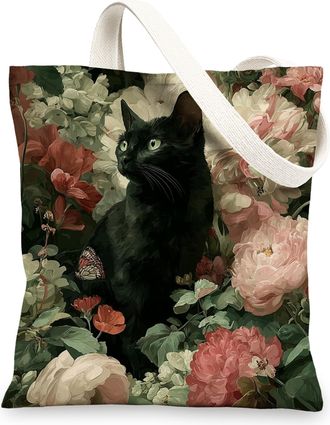 Generic Floral Canvas Tote Bag, Vintage Reusable Shopping Bags, Lightweight Black Shoulder Strap Bags 13x15 Inch