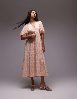 & Other Stories 3D sheer jacquard maxi dress with volume sleeves in light orange