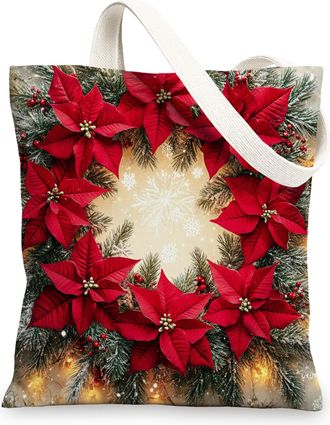 Generic Christmas Poinsettia Wreath Canvas Tote Bag for Shopping 13x15, Funny Xmas Plant Reusable Grocery Print Bag for Women Men, Holiday New Year Aesthetic 