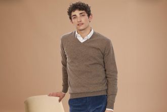 Bexley Jersey de lana para hombre con cuello de pico Topo Gris moteado - ELIAN