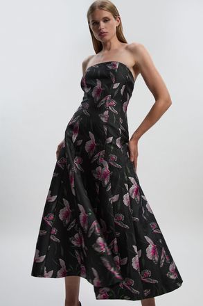 Karen Millen Womens Jacquard Bandeau Full Skirted Midi Dress - Black Viscose - Size 10 UK