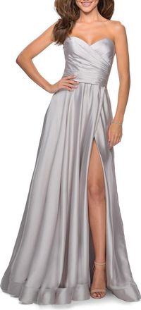 La Femme Strapless Satin Gown with Pleated Bodice and Slit in Silver at Nordstrom, Size 10