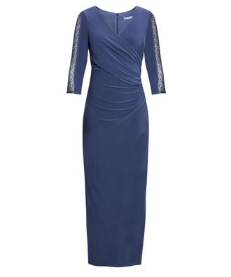 Gina Bacconi Womens Gretchen Long Surplice Neckline Dress With Rusched Waist And Beaded Sleeves. - Blue - Size 18 UK