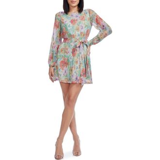 Dress The Population Kirsi Metallic Floral Long Sleeve Cocktail Minidress in Sage Multi at Nordstrom Rack, Size Xx-Large