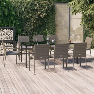 vidaXL Set Comedor Jard&iacute;n 9 Pzas Y Cojines Rat&aacute;n Sint&eacute;tico Negro Gris Vidaxl