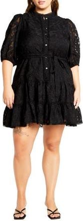 City Chic Chrissa Floral Puff Sleeve Tiered Minidress in Black at Nordstrom Rack, Size Xs/14W