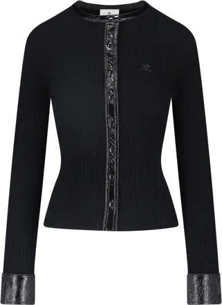Courr&egrave;ges Black Vinyl Detail Ribbed Viscose Cardigan