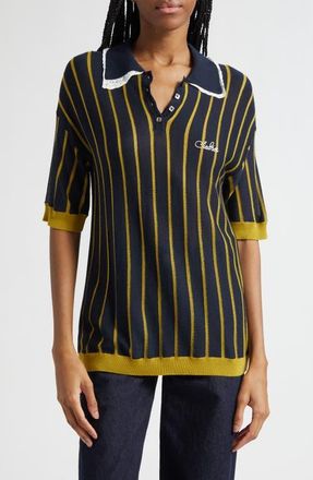 Siedres Yuan Lace Trim Embroidered Logo Polo in Navy/Green at Nordstrom, Size X-Small