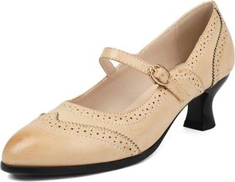 Generic Womens Vintage Mary Janes Kitten Heels Round Toe PU Leather Upper Adjustable Ankle Strap with Buckle Non-Slip Dress Office Work Shoes,Beige,6.5 UK