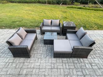 Fimous Rattan Wicker Garden Furniture Patio Conservatory Sofa Set with Square Coffee Table Double Seat Sofa Big Footstool in Dark Grey