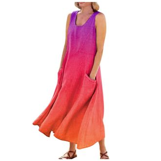 Generic Plus Size Maxi Dresses Size 26/28 Casual Gradient Print Round Neck Sleeveless Dresses Maxi A Line Beach Dress with Pockets Size Dress for Women (Red, 