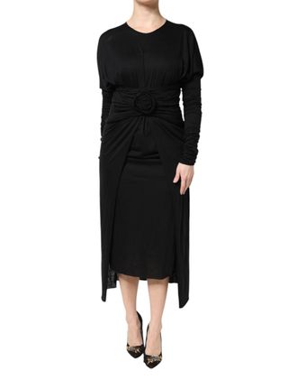 Dolce & Gabbana Black Wool Long Sleeves Sheath Midi Womens Dress