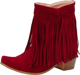 Generic Womens Western Ankle Boots Square Toe High Block Heel With Fringe Detail Slip On Vintage Style Leisure Shoes