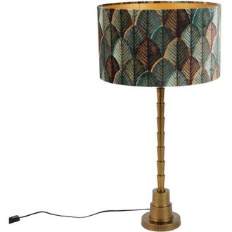 QAZQA Qazqa - Table Lamp Bronze with Velvet Lampshade Leaf Design and Gold Interior - Pisos