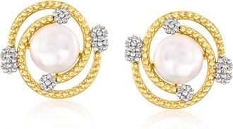 Ross-Simons 7-7.5mm Cultured Pearl and. Diamond Swirl Earrings in 18kt Gold Over Sterling