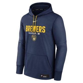 Nike Mens Milwaukee Brewers Authentic Collection Nike Therma MLB Pullover Hoodie in Blue | NAC310MIMZB-RMG